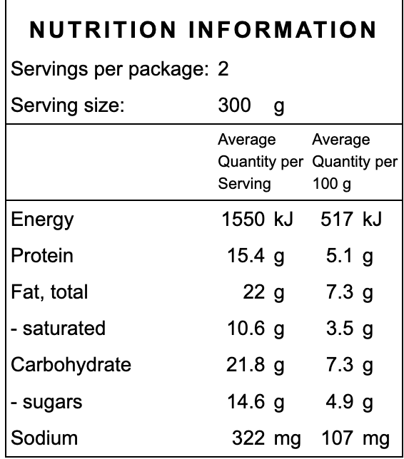 Nutrition information label for a vegan curry frozen organic ready made meal with serving size, energy, protein, fat, carbohydrate, and sodium details.