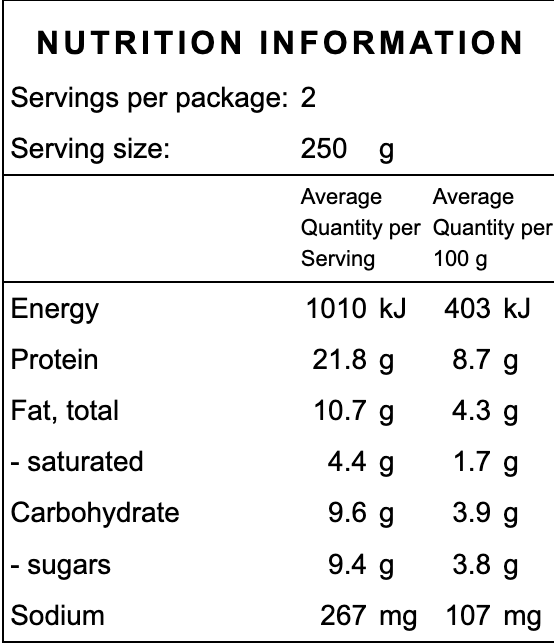 Nutrition information label for a gluten free grass fed beef bolognese slow cooked frozen organic ready made meal with serving size, energy, protein, fat, carbohydrate, and sodium details.