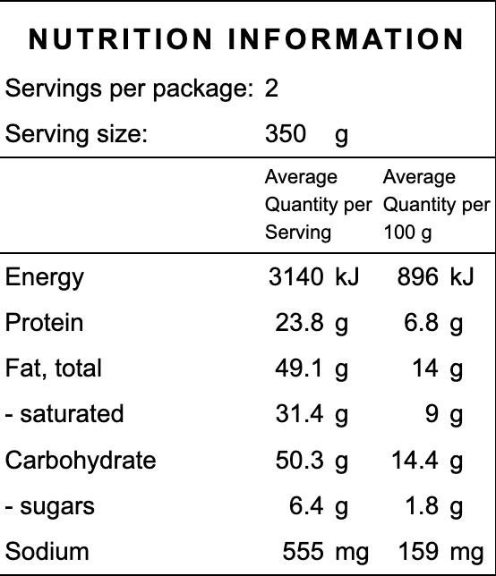Nutrition information label for a gluten free chicken pie frozen organic ready made meal with serving size, energy, protein, fat, carbohydrate, and sodium details.