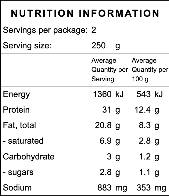 Nutrition information label for a gluten free chicken slow cooked frozen organic ready made meal with serving size, energy, protein, fat, carbohydrate, and sodium details.