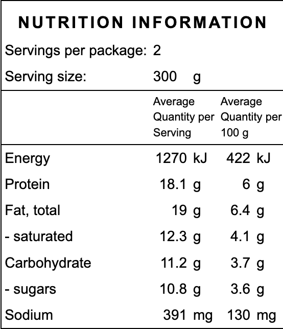 Nutrition information label for a gluten free lamb curry frozen organic ready made meal with serving size, energy, protein, fat, carbohydrate, and sodium details.