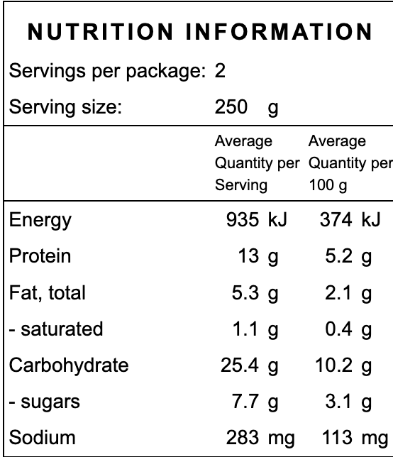 Nutrition information label for a gluten free vegan slow cooked frozen organic ready made meal with serving size, energy, protein, fat, carbohydrate, and sodium details.