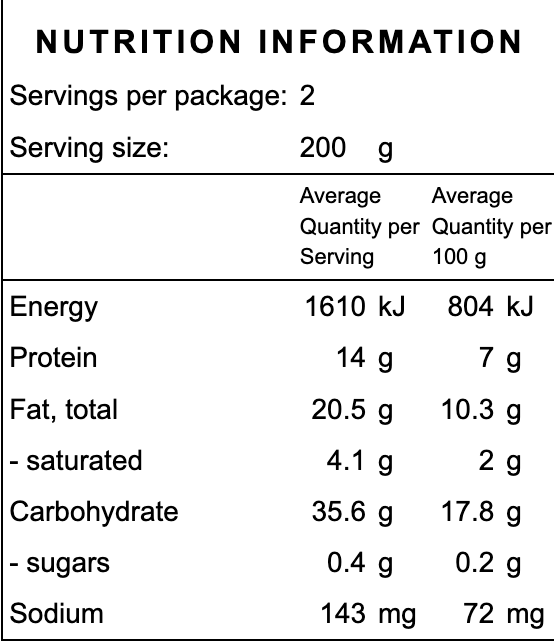 Nutrition information label for a gluten free chicken slow cooked frozen organic ready made meal with serving size, energy, protein, fat, carbohydrate, and sodium details.