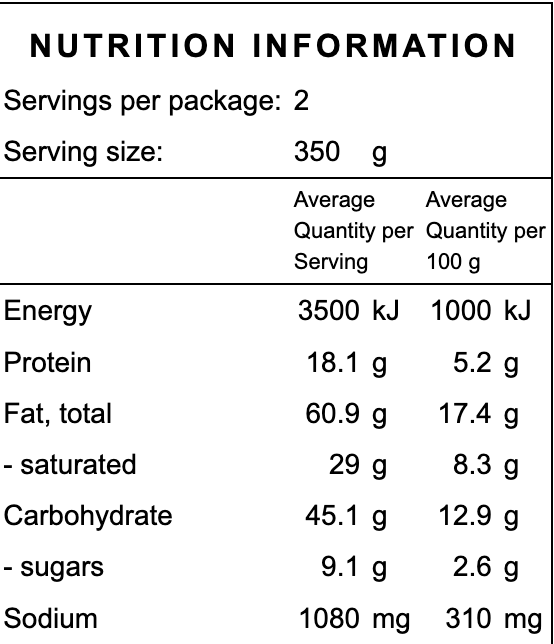 Nutrition information label for a gluten free vegetarian pie slow cooked frozen organic ready made meal with serving size, energy, protein, fat, carbohydrate, and sodium details.