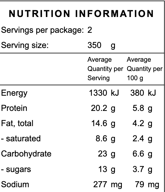 Nutrition information label for a gluten free grass fed beef slow cooked frozen organic ready made meal with serving size, energy, protein, fat, carbohydrate, and sodium details.