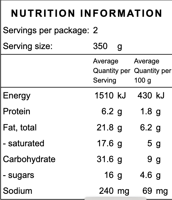 Nutrition information label for a gluten free vegan slow cooked frozen organic ready made meal with serving size, energy, protein, fat, carbohydrate, and sodium details.