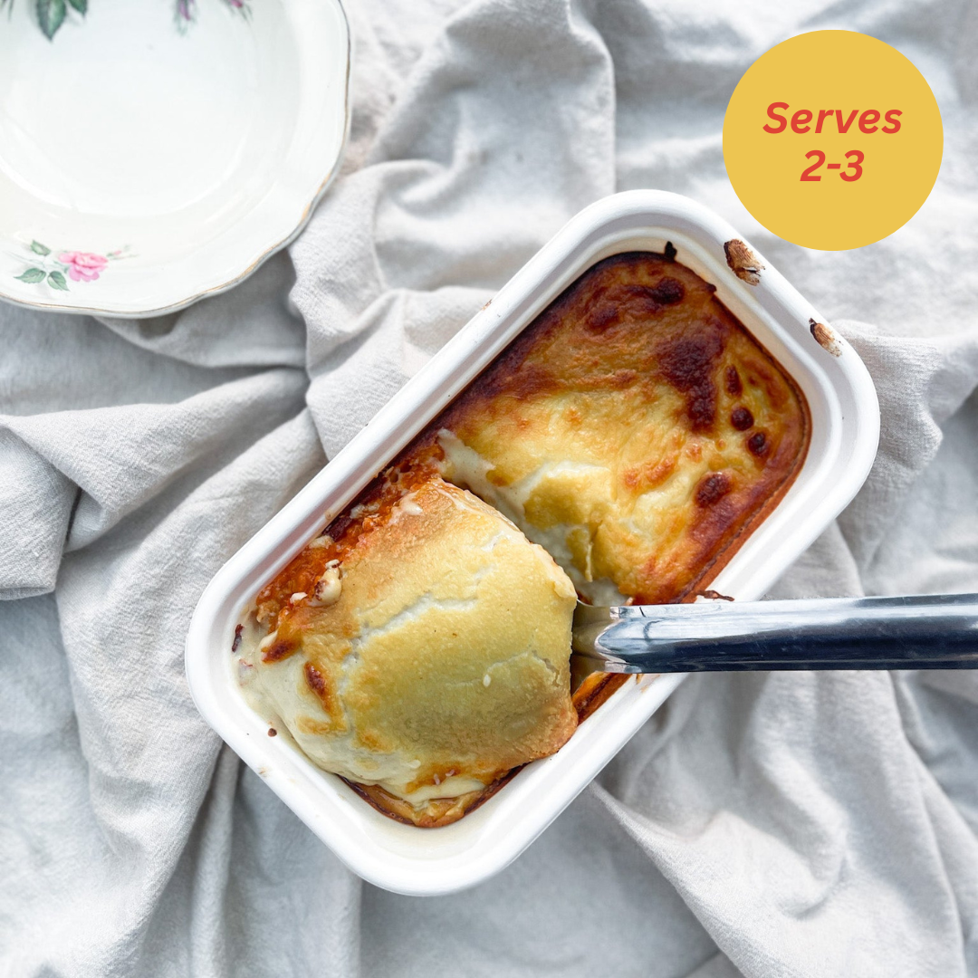 Baked vegan lasagne ready made meal in a sustainable container