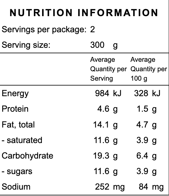 Nutrition information label for a gluten free vegan curry slow cooked frozen organic ready made meal with serving size, energy, protein, fat, carbohydrate, and sodium details.