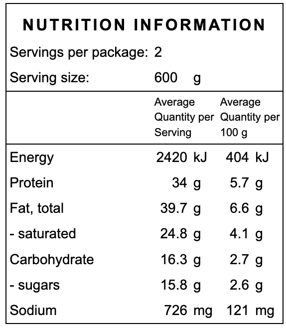 Coconut Lamb Curry Nutrition Label