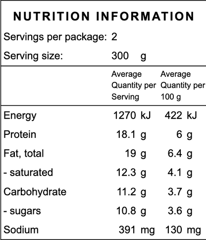 Nutrition information label for a gluten free lamb curry frozen organic ready made meal with serving size, energy, protein, fat, carbohydrate, and sodium details.