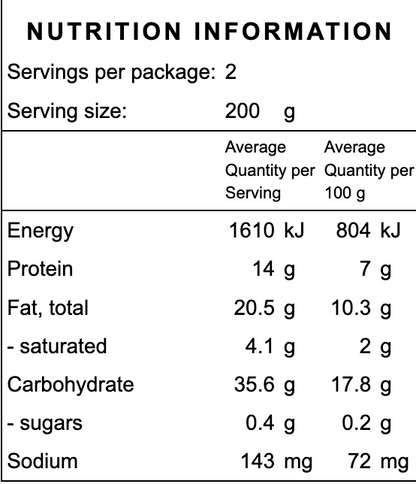 Nutrition information label for a gluten free chicken slow cooked frozen organic ready made meal with serving size, energy, protein, fat, carbohydrate, and sodium details.